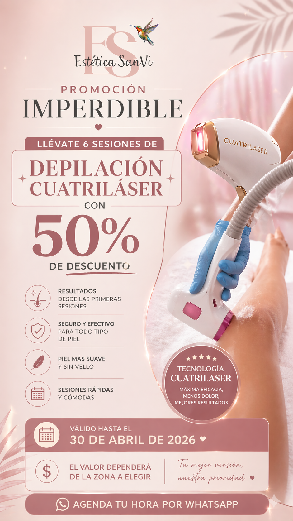 Promoción Depilación Cuatriláser 6 sesiones con 50% de descuento – Estética SanVi